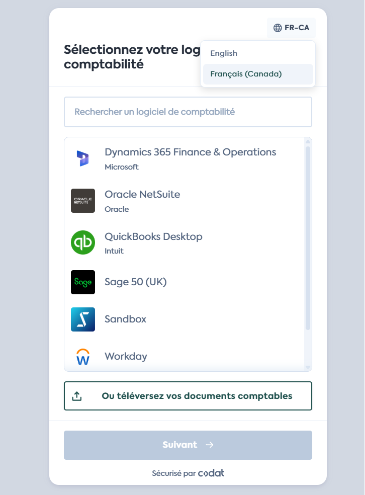 Link platform selection in Canadian French, with the locale toggle visible